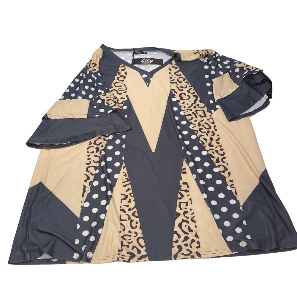 NWT Lily by Firmiana Beige Cheetah Polka Dot Polyester Blend Blouse Womens 3XL
